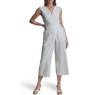 DKNY Stripe Linen Blend Crop Jumpsuit in Ivory/admiral at Nordstrom, Size Xx-Small