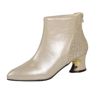 Generic Womens Pointed Toe Back Zipper Block Heel Ankle Booties Fashion Casual Patchwork Chelsea (5,Gold)