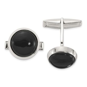 Diamond2Deal Sterling Silver Polished Round Onyx Cuff Links