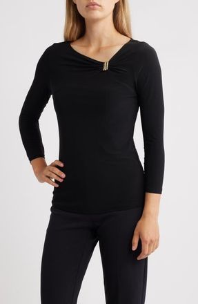 Anne Klein Gathered Asymmetric Neck Top in Anne Black at Nordstrom, Size X-Large P