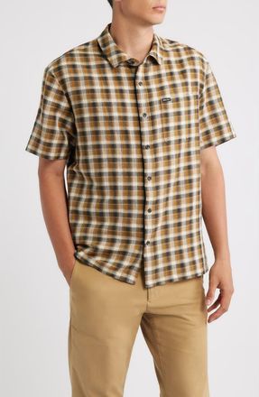 Brixton Cru Plaid Linen Blend Short Sleeve Shirt in Black/tobacco Plaid at Nordstrom, Size Xx-Large
