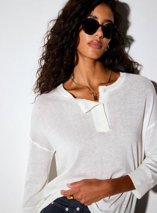 Icone Womens 3/4 sleeves sheer knit Henley Shirt sweater