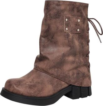 Generic Womens Vintage Ankle Boots Chunky Block Heels Distressed Leather Lace-Up Back Side Zipper Retro Fashion Boots Comfortable Daily Streetwear,Brown,6.5 U