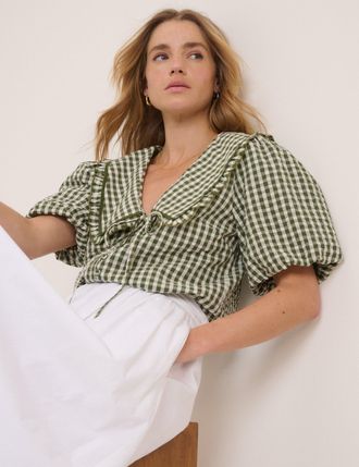 Nobody's Child Green Gingham Ruffle Collar Blouse