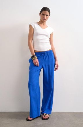 Topshop Linen Blend Straight Leg Pants in Blue at Nordstrom, Size 10 Us
