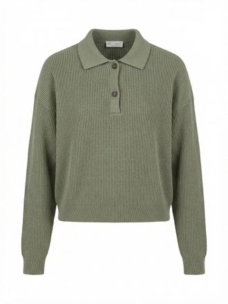 Brunello Cucinelli English Rib Polo-Style Sweater With Monili