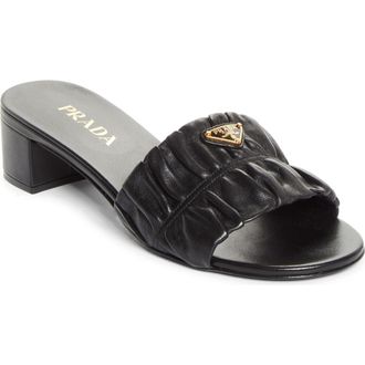 Prada Ruched Logo Sandal in Nero at Nordstrom, Size 10.5Us