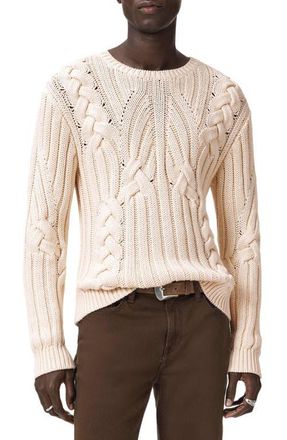 John Varvatos Dauphine Cabled Cotton Crewneck Sweater in Egg Shell at Nordstrom, Size X-Large