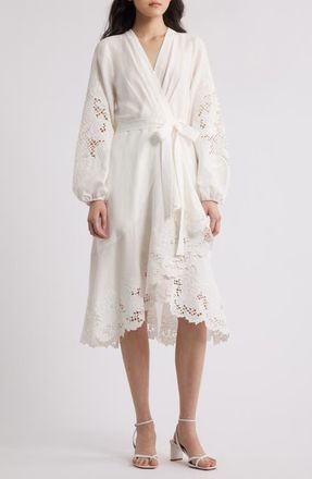 Kobi Halperin Lace Detail Long Sleeve Midi Wrap Dress in White at Nordstrom, Size X-Small