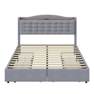 Urban Meuble Cama king de lino gris claro tapizada con 4 cajones (160*200 cm)