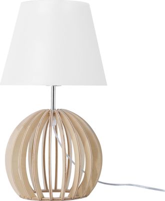 Beliani Beliani - L&aacute;mpara De Mesa Base De Madera Redonda Clara Pantalla De Tela Blanca Moderna Samo