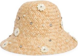Karl Lagerfeld Embellished Straw Bucket Hat in Natural at Nordstrom Rack