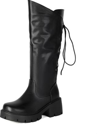Generic Womens Knee high Boots Black PU Leather Round Toe Side lace up Platform Sole Comfortable Non Slip wear Resistant Casual Daily Street Style,Black,6.5 U
