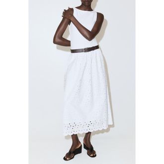 Mango Openwork Embroidered Stretch Cotton Midi Dress in White at Nordstrom, Size 10