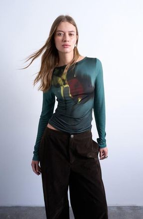 Topshop Abstract Floral Print Boat Neck Top in Dark Green at Nordstrom, Size Small