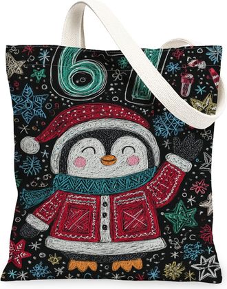 Generic Fanciful Penguin Canvas Tote Bags, Cute Animal Design Reusable Grocery Bags, Winter Lightweight Washable Shoulder Strap Can, Black, 13x15 Inch