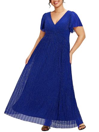 Ever-pretty Womens V Neck Short Sleeve Elegant Floor Length A Line Long Tulle Evening Dresses Sapphire Blue 24UK