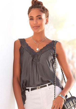 Lascana Womens Lace Insert V-Neck Top