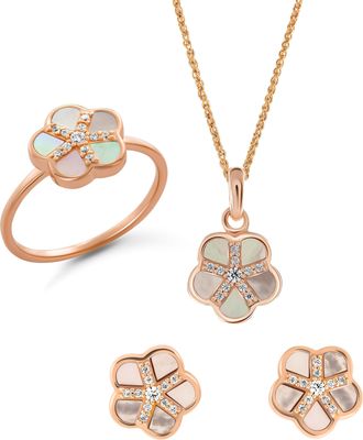Orphelia Daisy WoMens 925 Sterling Silver Set: Necklace + Earrings + Ring - Rose SET-7585/RG - Size R 1/2