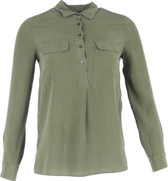Maje Half-Buttoned Blouse with Chest Pockets in Olive Silk