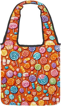 Generic Orange Candy Pattern Reversible Canvas Shoulder Tote - Double-Sided Print, 12oz Cotton, 27cm Drop, Fold-Flat Bag for Travel, Shopping, Street Outings