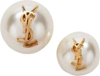 Saint Laurent Cassandre Pearl Asymmetric Earrings - female - Saint Laurent - Earrings - Gray - ONE SIZE - Accessories