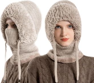 Generic 3 in 1 Beanie Hat for Women, New 3-in-1 Cold Resistant with Scarf & Mask, Hooded Piece Windproof Warm Snow Cap (UK, Alpha, One Size, Khaki)