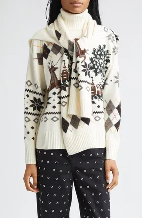 Monse Tie Scarf Overlay Fair Isle Extrafine Merino Wool Turtleneck Sweater in Ivory at Nordstrom, Size X-Small