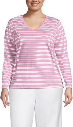 Lands End Supima Cotton Long Sleeve V-Neck T-Shirt in Seaside Pink Multi Stripe at Nordstrom, Size 3X
