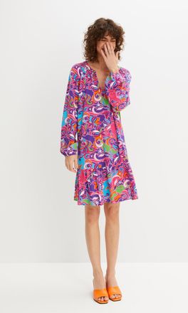 Bonprix Tunikakleid BONPRIX, Damen, Gr. 34, N-Gr, dunkelpink bedruckt (l&auml;nge: regul&auml;r), Web, Obermaterial: 100% Viskose, A-Linie, Kleider Tunikakleid, f&uuml;r Fr&uuml;