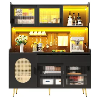 STILVORA Credenza Da Cucina Con Illuminazione Led E Pannello Forato, Stile Retr&ograve;, Per Cucina, In Mdf, Nero, 145x39x171 Cm
