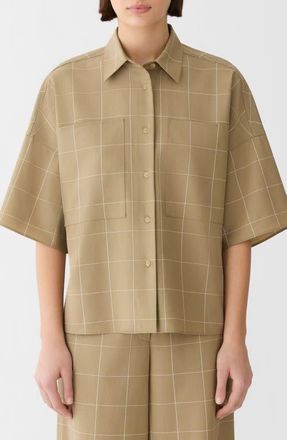 Lafayette 148 New York Workwear Garden Grid Tropical Merino Wool Blend Short Sleeve Button-Up Shirt in Cadet Khaki Multi at Nordstrom, Size X-Large