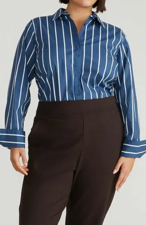 Universal Standard Henning x US Madison Poplin Button-Up Shirt in Ensign Blue Stripe at Nordstrom, Size Xxx-Large