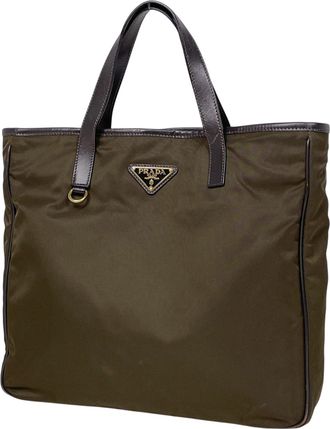 Prada Green Khaki Nylon Leather Handbag Tote Bag (Pre-Owned)