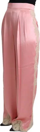 Dolce & Gabbana Pink Lace Trimmed Silk Satin Wide Legs Womens Pants