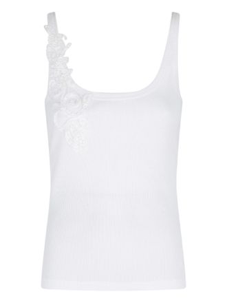 Ermanno Scervino Scoop Neck White Ribbed Tank Top With Floral Appliqu&eacute;