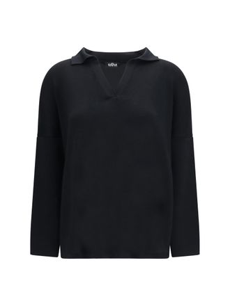 Ella Merino Wool Polo Collar Sweater - Black