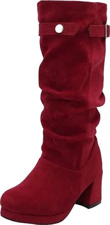 Generic Womens Elegant Mid Calf Boots Square Toe High Block Heel With Platform Slip On Design Pleated And Buckle Detail