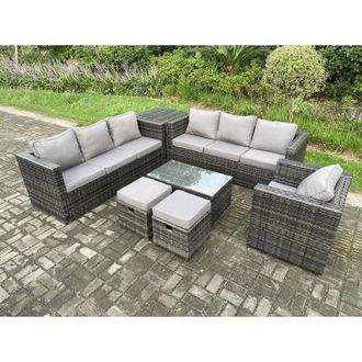 Fimous Fimous Wicker PE Rattan Sofa Set Outdoor Patio Garden Furniture with Armchair Oblong Coffee Table Side Table 2 Small Footstools Dark Grey Mixed