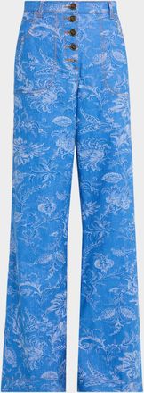 Etro Floral Denim Jacquard Button-Front Flare Jeans