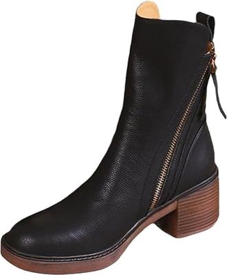 Generic Leather Ankle Boots, Retro Round Toe Comfortable Low Heel Mid Calf Boots, Casual Dress Booties with Two Side Zippers for Business Evening Party (Black
