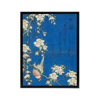 Artery8 Bullfinch Weeping Cherry Blossoms Framed Canvas Wall Art Print Hokusai in Blue | Size: W24 x H32