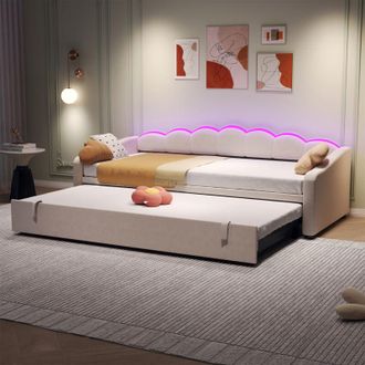 C&A 90x190cm Upholstered Daybed with RGB LED,Pull-Out Trundle-Velvet Beige,Ideal for Living/Bedroom/Study
