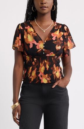 Treasure & Bond Floral Chiffon Ruffle Top in Black- Pink Bold Petals at Nordstrom, Size Xx-Large