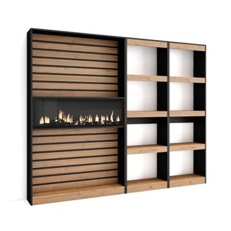Skraut Home Librer&iacute;a Estanter&iacute;a, Estanteria Libros De Pared, 230x186x25cm, Sal&oacute;n - Comedor - Oficina, Chimenea El&eacute;ctrica, Estilo Moderno, Roble Y Negro - Skraut H