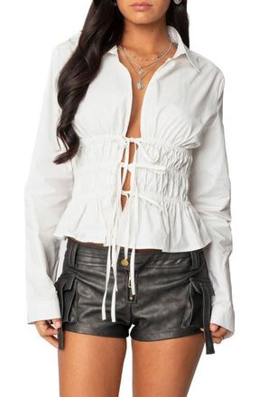 Edikted Sharon Tie Front Cotton Shirt in White at Nordstrom, Size X-Small