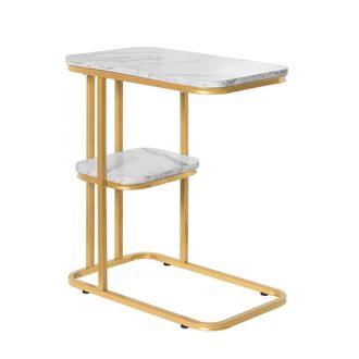 SoBuy Sobuy - Mesa Auxiliar Moderna Con Extremo De Caf&eacute;, Sof&aacute;, Mesa De Centro, Mesita De Noche, Efecto M&aacute;rmol, Estructura De Metal Dorado, 50x30x58 Cm Fbt11