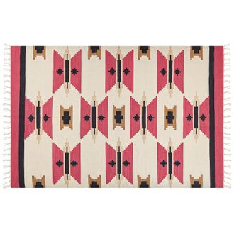 Beliani Alfombra Kilim De Algod&oacute;n Rojo Beige Negro 200 X 300 Cm A Mano Geom&eacute;trico Borlas Garni