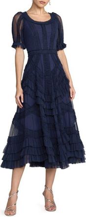 Mac Duggal Short Sleeve Micro Ruffle Midi Dress in Indigo at Nordstrom, Size 12