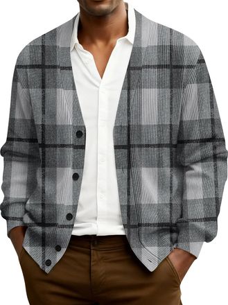 Generic Mens Knitted Cardigan Classic Plaid Cardigans V Neck Button Jumper Winter Warm Casual Long Sleeve Wool Blend Sweater
